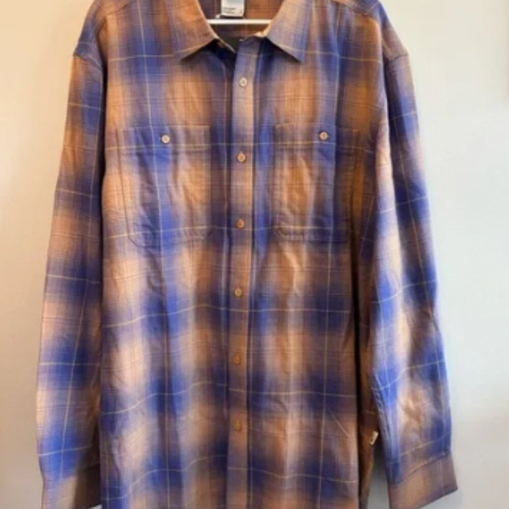 North Face Men's Blue and Tan Plaid Button-Up Shirt Size XXL
